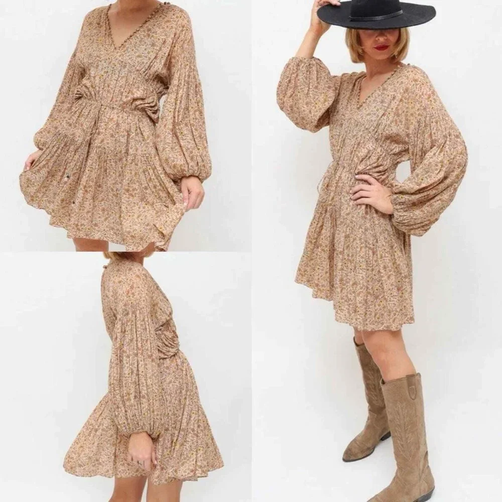 Doen Grasse Jaipur Small Floral Mustard Boho VNeck Flowy Mini Peasant Dress NWOT - Picture 2 of 6